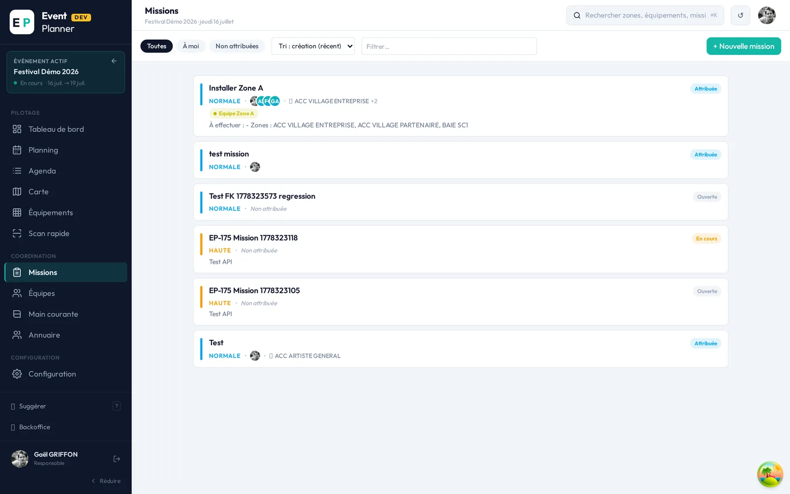 Liste des missions avec priorité, statut et personne assignée.