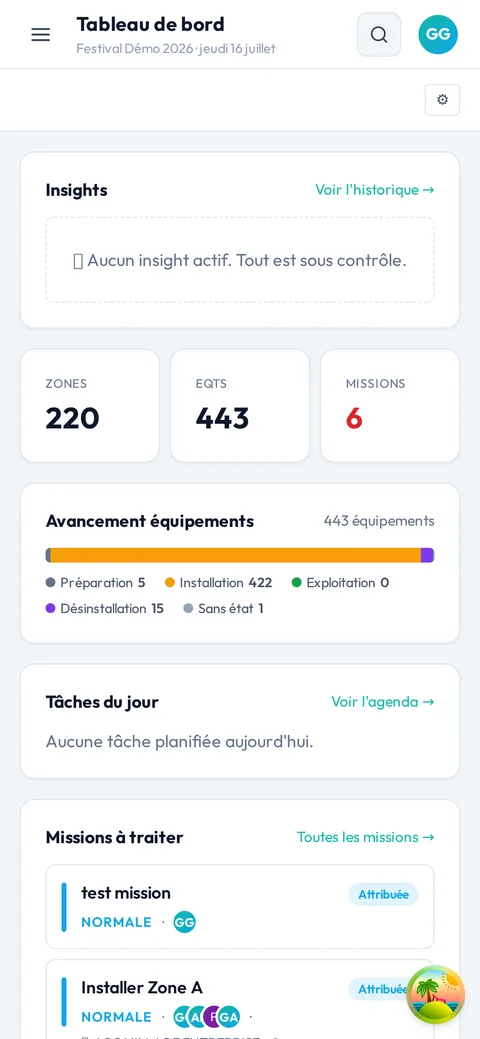 Tableau de bord EventPlanner sur smartphone.
