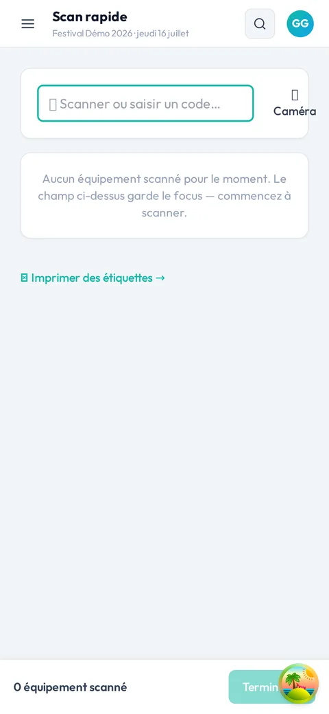 Écran de scan rapide pour les équipements sur smartphone.