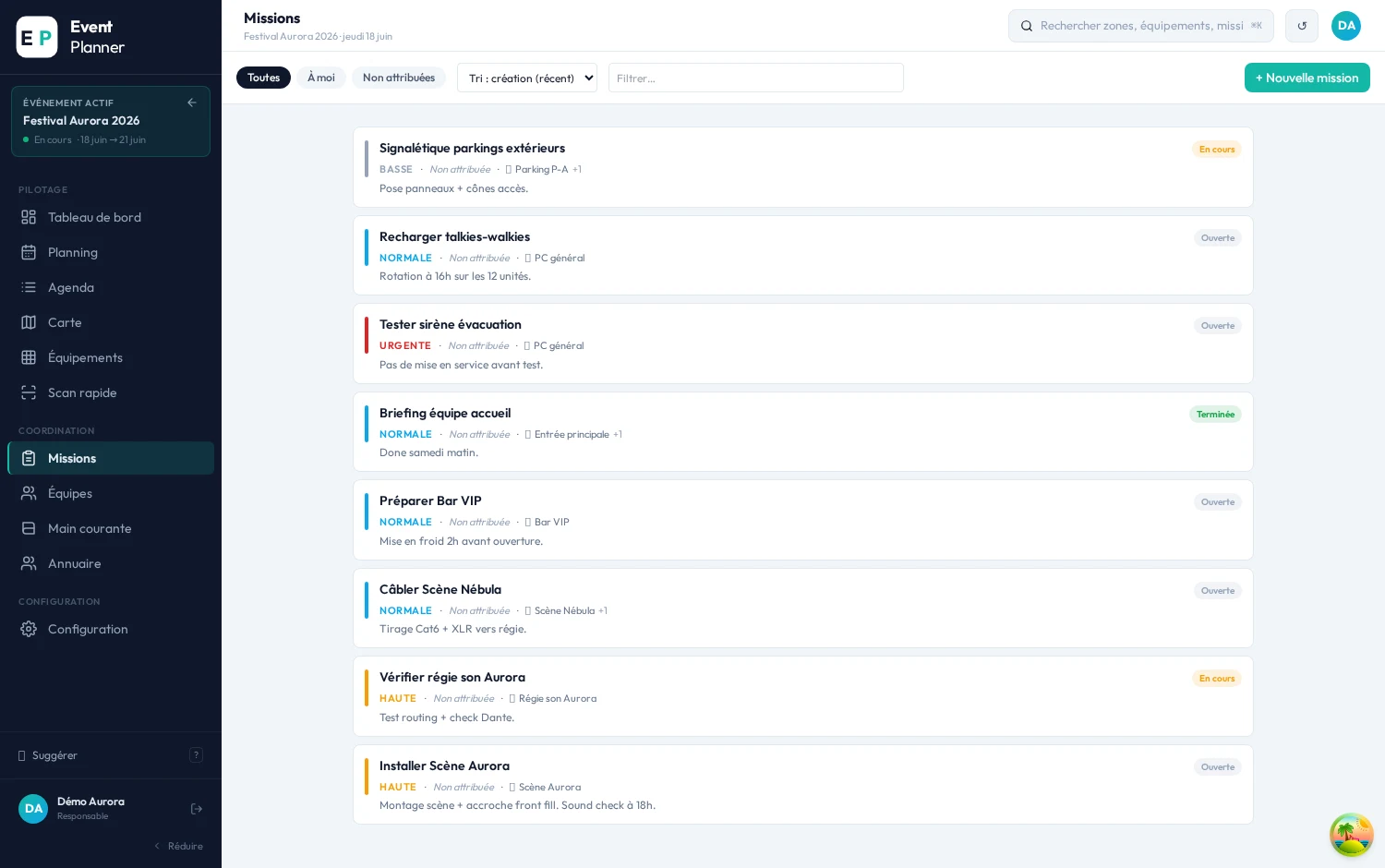 Page Missions : liste filtrable des missions du Festival Aurora 2026 avec priorité (urgente/haute/normale/basse), statut (ouverte/en cours/terminée), zone liée et description.