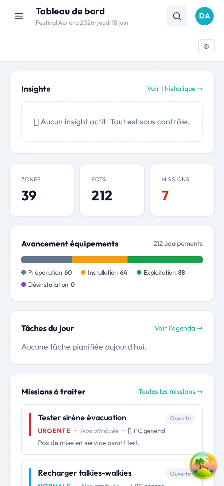 Tableau de bord EventPlanner sur smartphone.