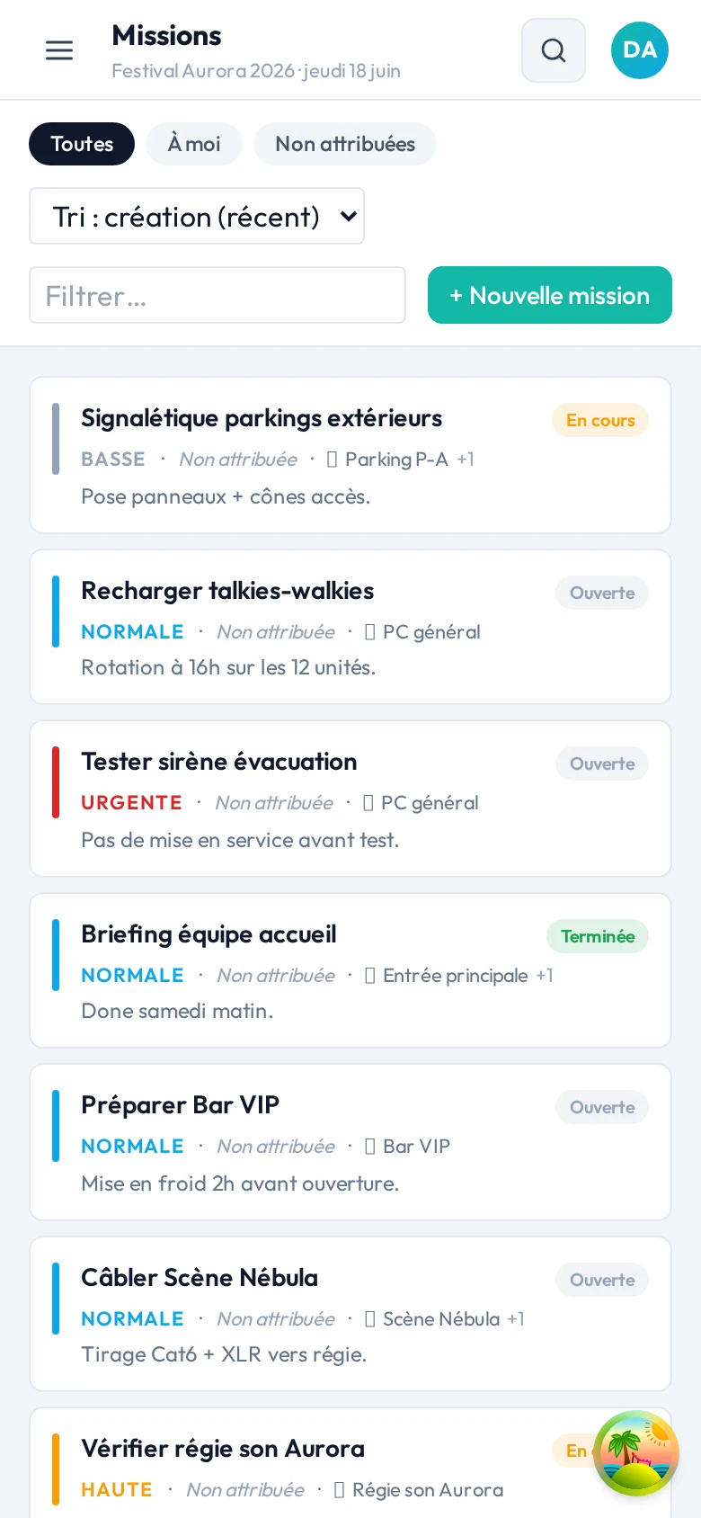 Liste des missions sur smartphone.